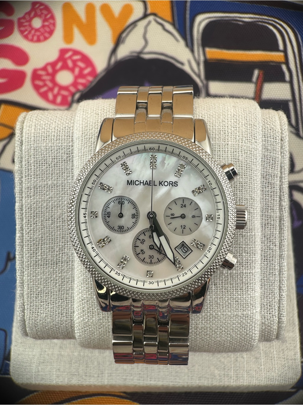 Michael Kors SilverTone Mens Chronograph Watch With MotherOfPearl Dial